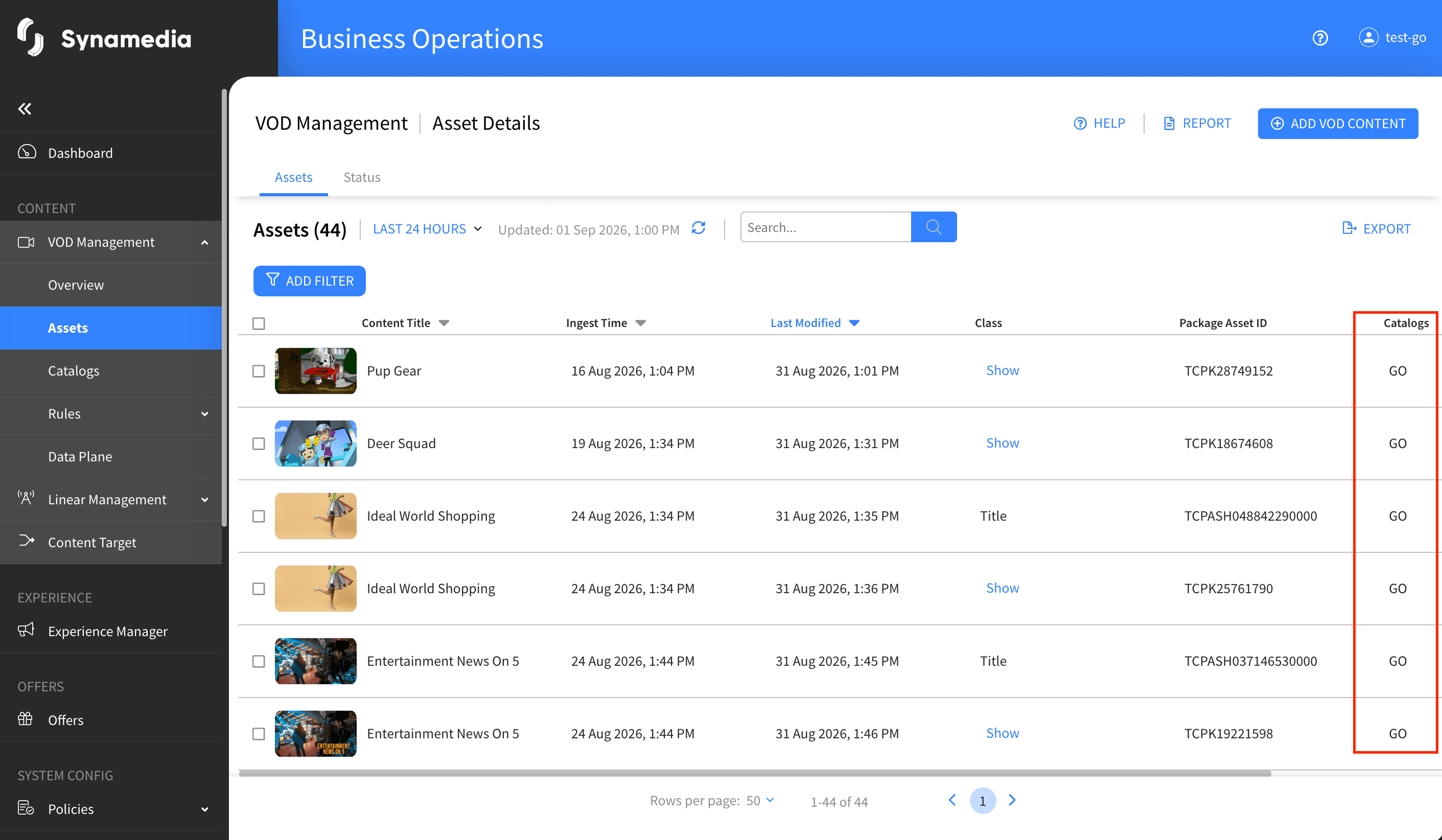 VOD Managment Catalogs Assets Table