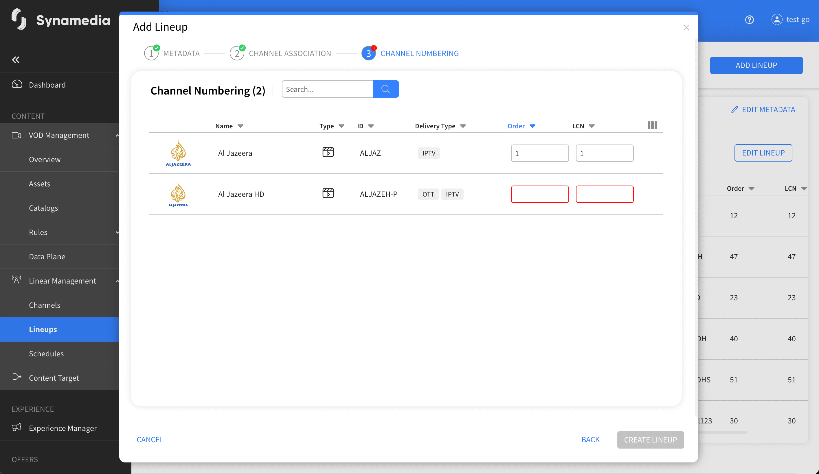 Linear Management Lineups Screen 3