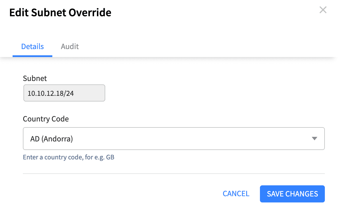Network Location Override Subnet Edit Dialog