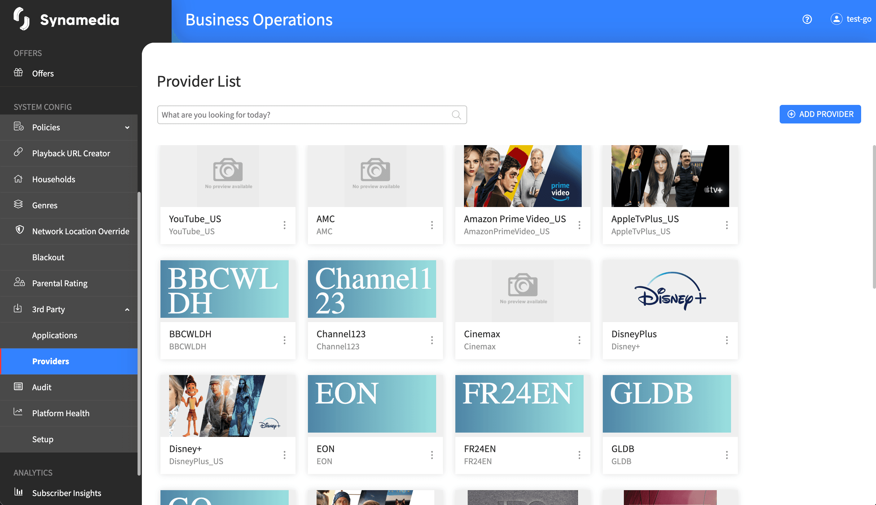 Providers Main Screen