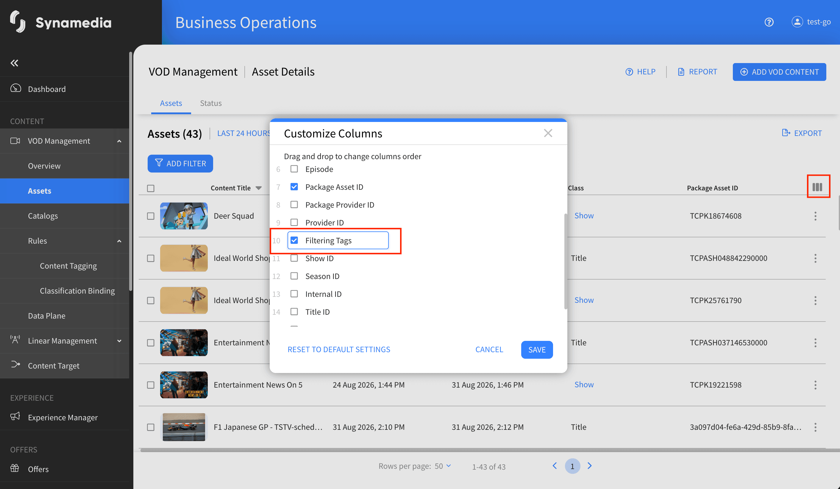 VOD Management Filtering Tags Assets Table