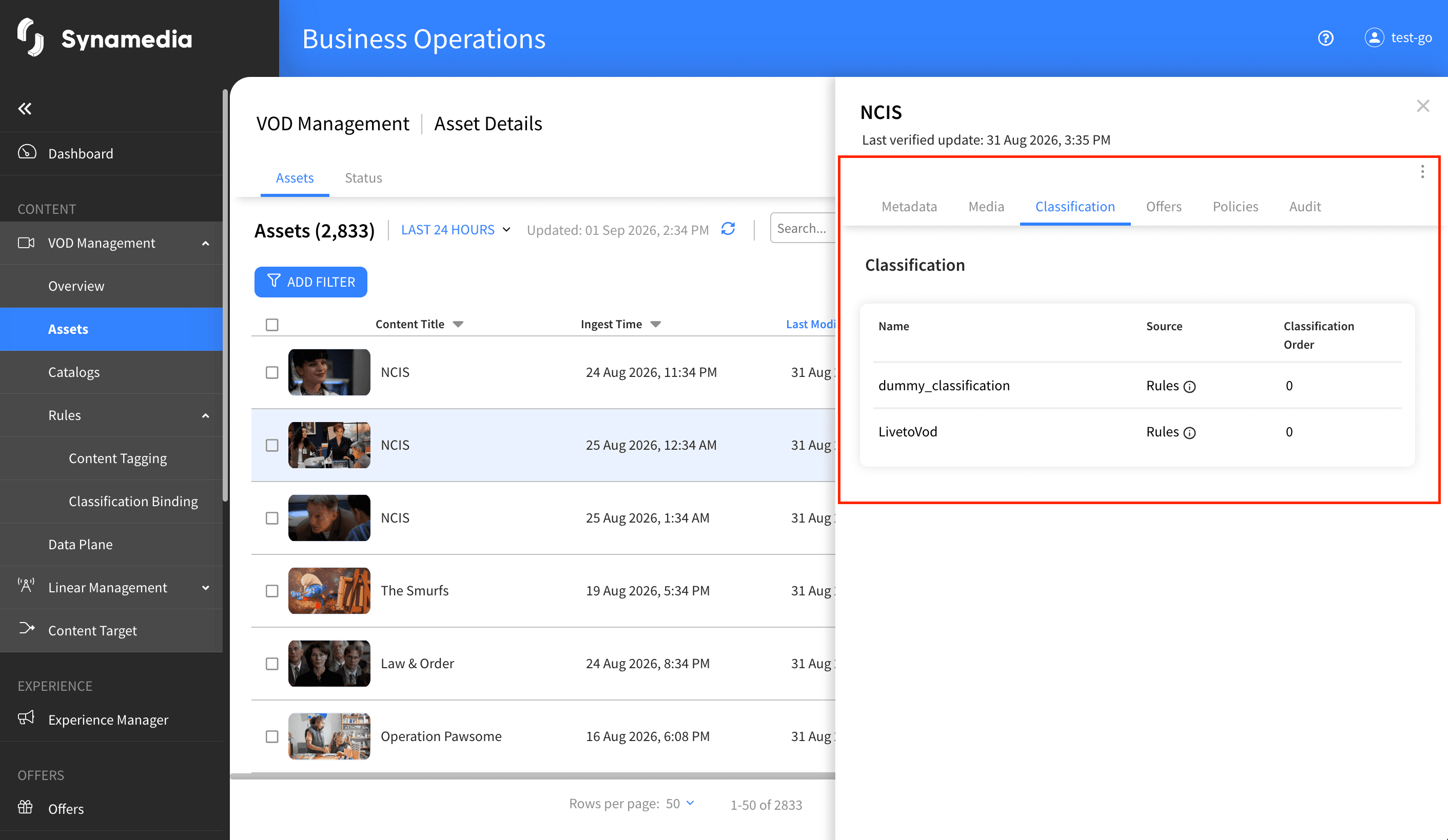 VOD Management Classification Binding Asset Tab