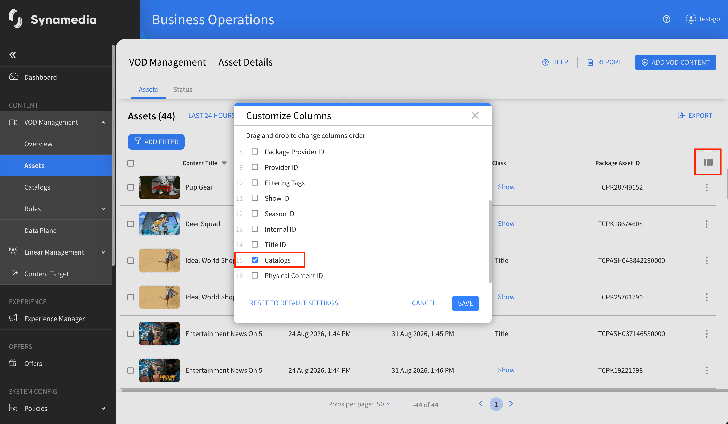 VOD Managment Catalogs Asset Table Filter
