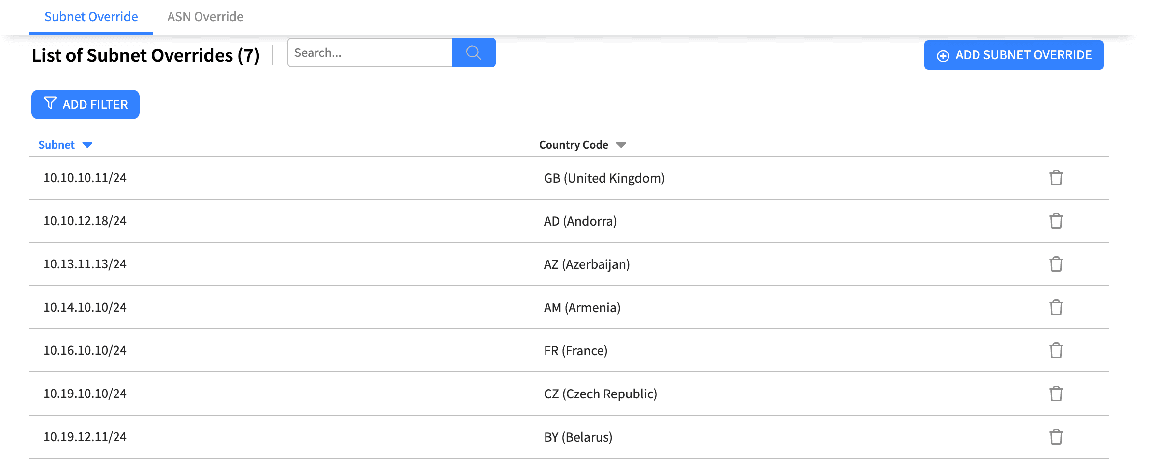Network Location Override Subnet Tab