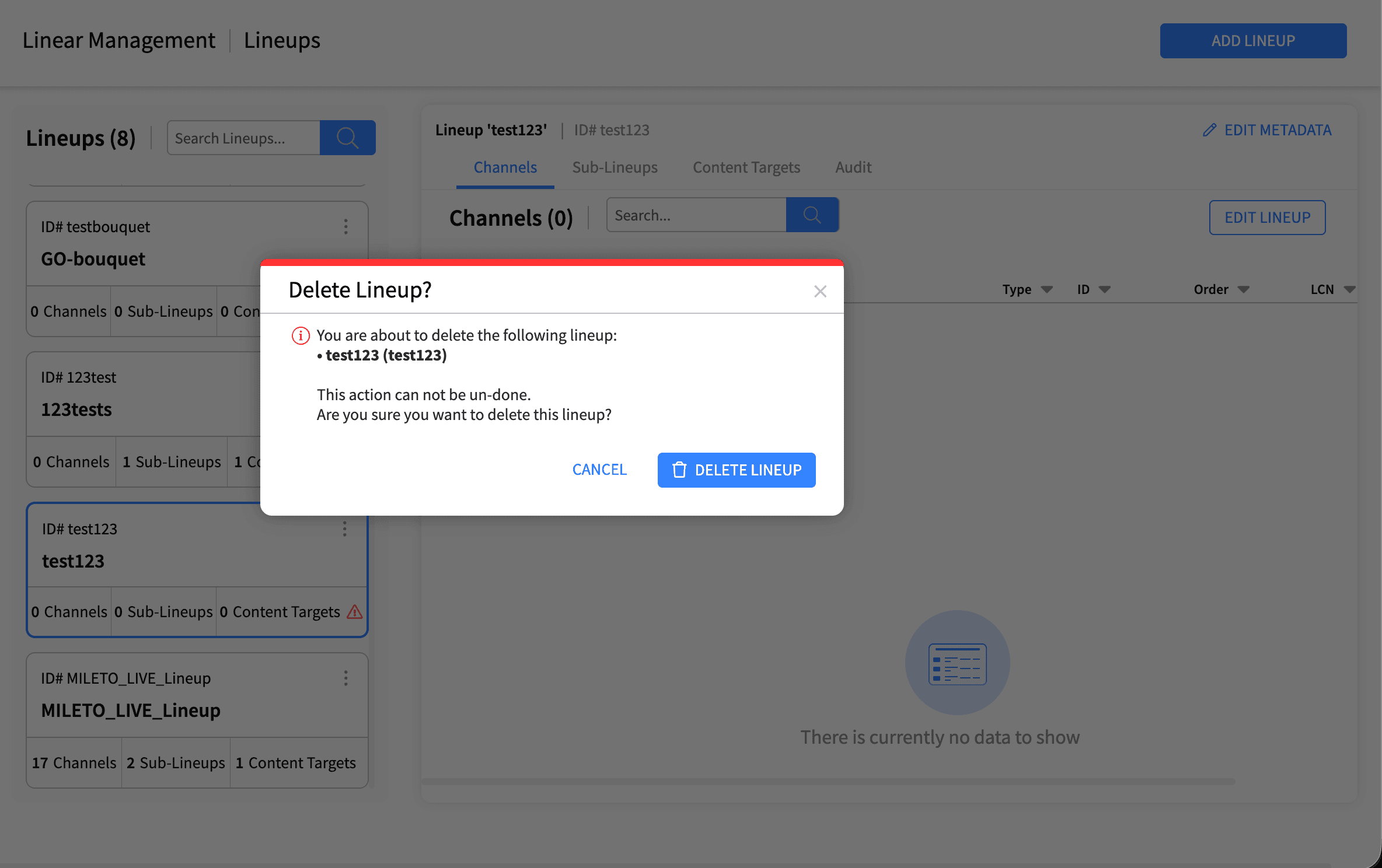 Linear Management Lineups Delete