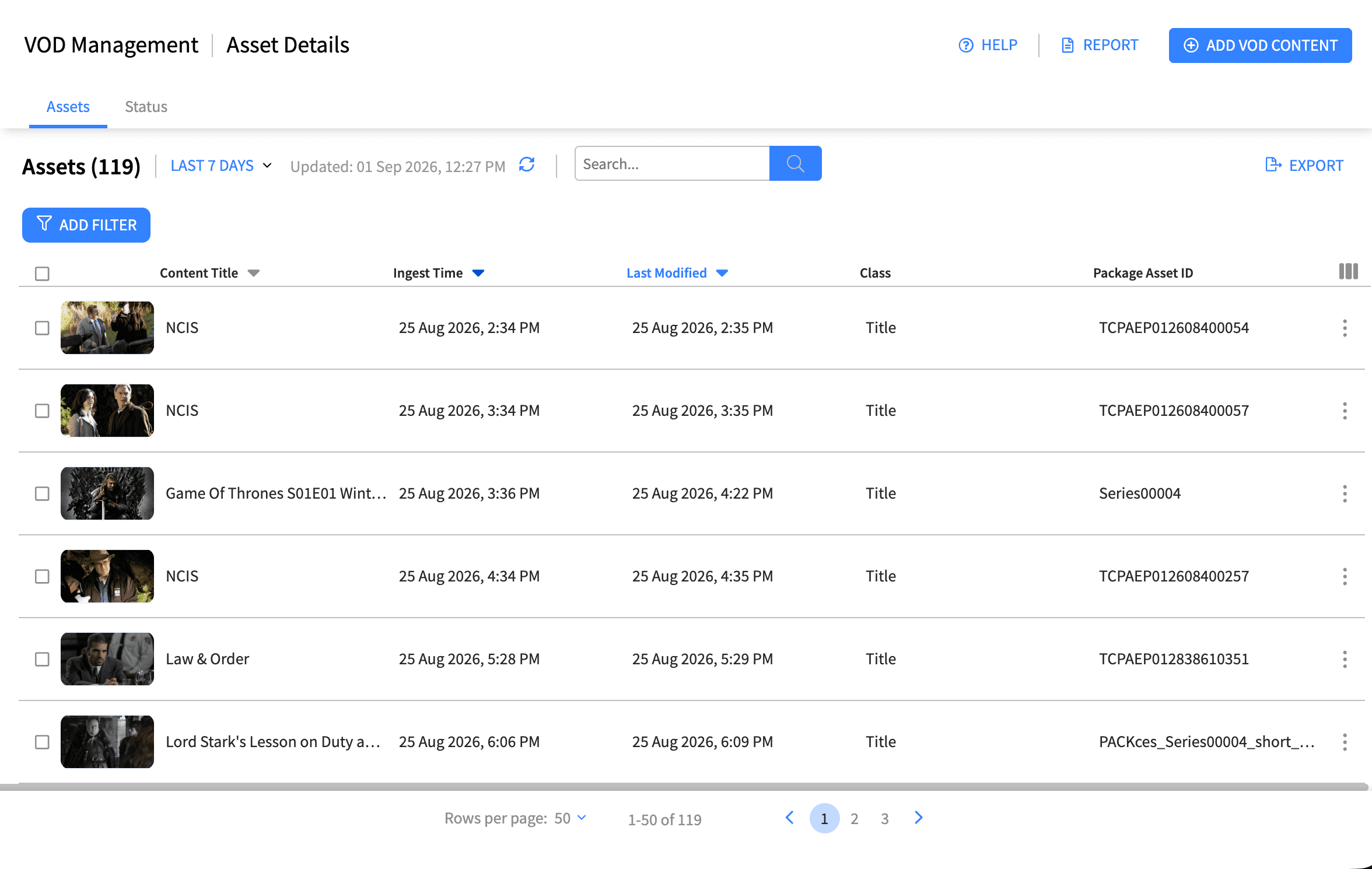VOD Management Assets Main Screen