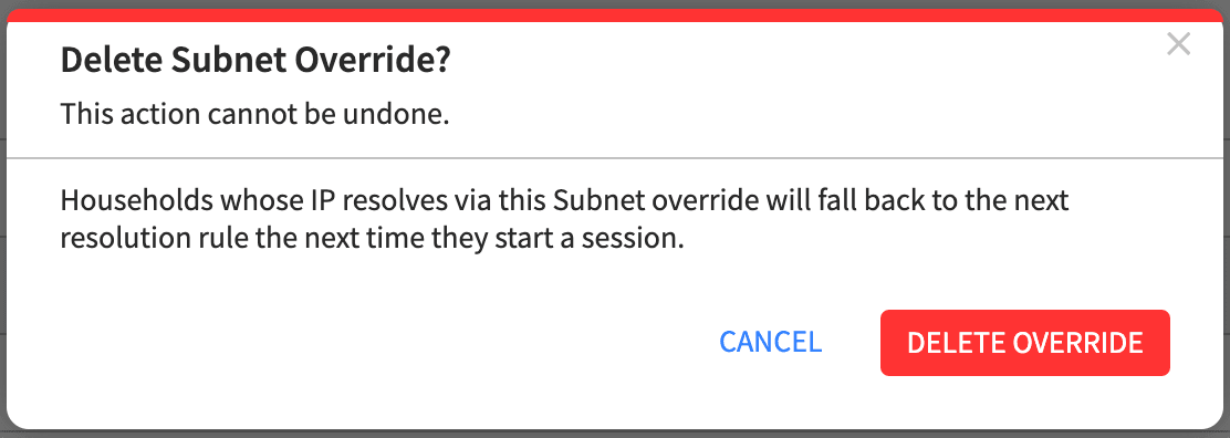 Network Location Override Subnet Delete Dialog