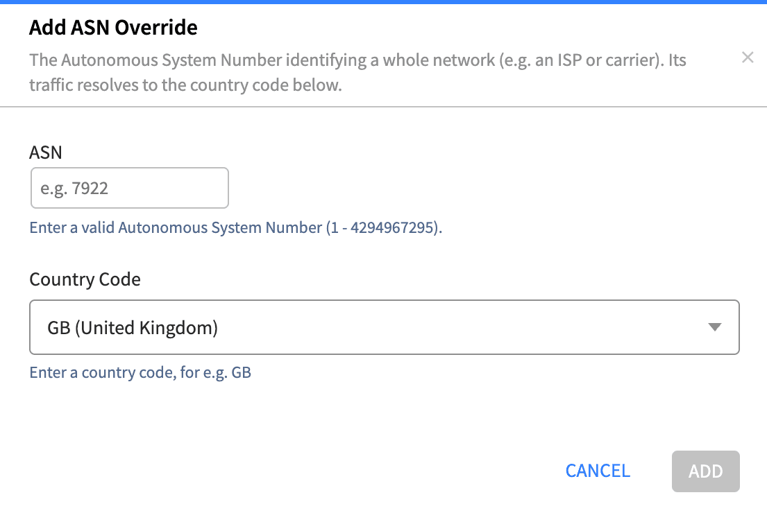 Network Location Override ASN Add Dialog
