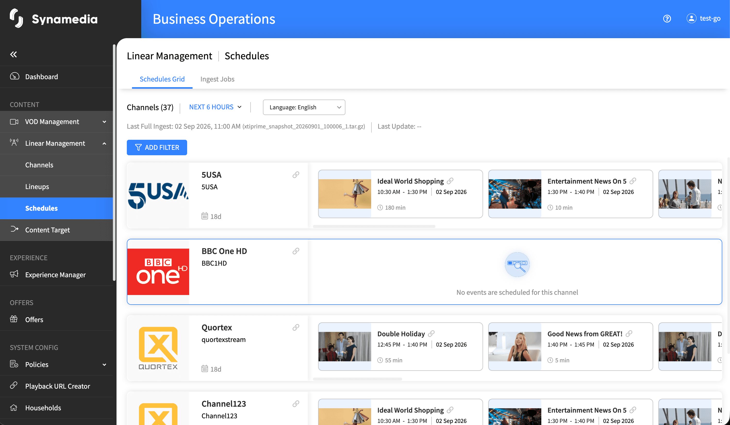 Linear Management Schedules Main Screen