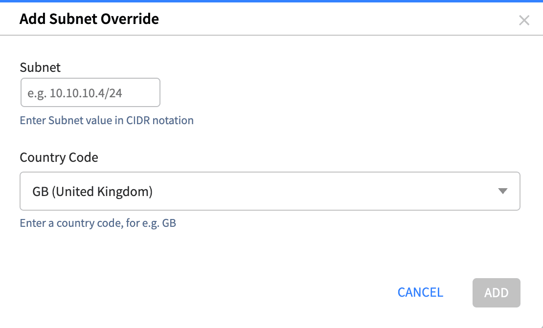 Network Location Override Subnet Add Dialog