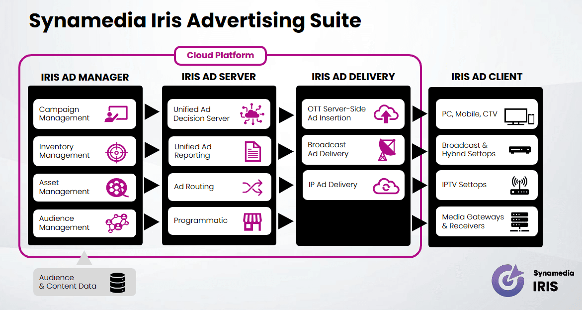 A detailed diagram illustrating the high-level architecture of Synamedia's addressable advertising solution, Iris, enabling precise targeting and personalized ads.