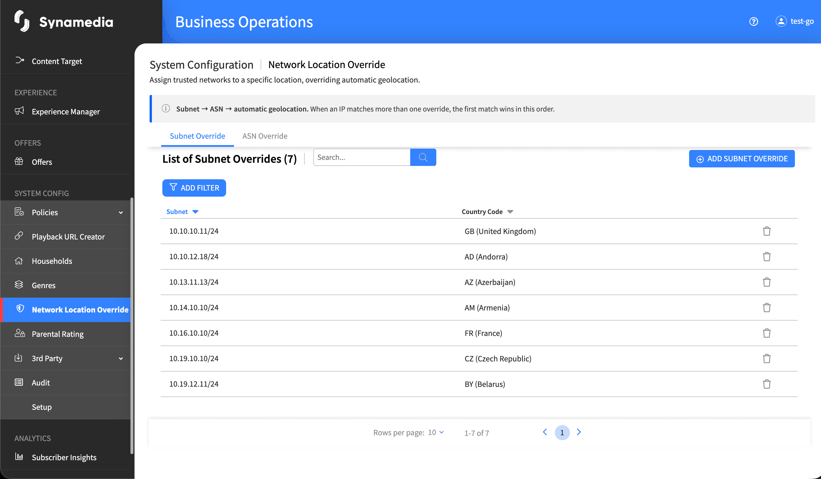 Network Location Override Main Screen