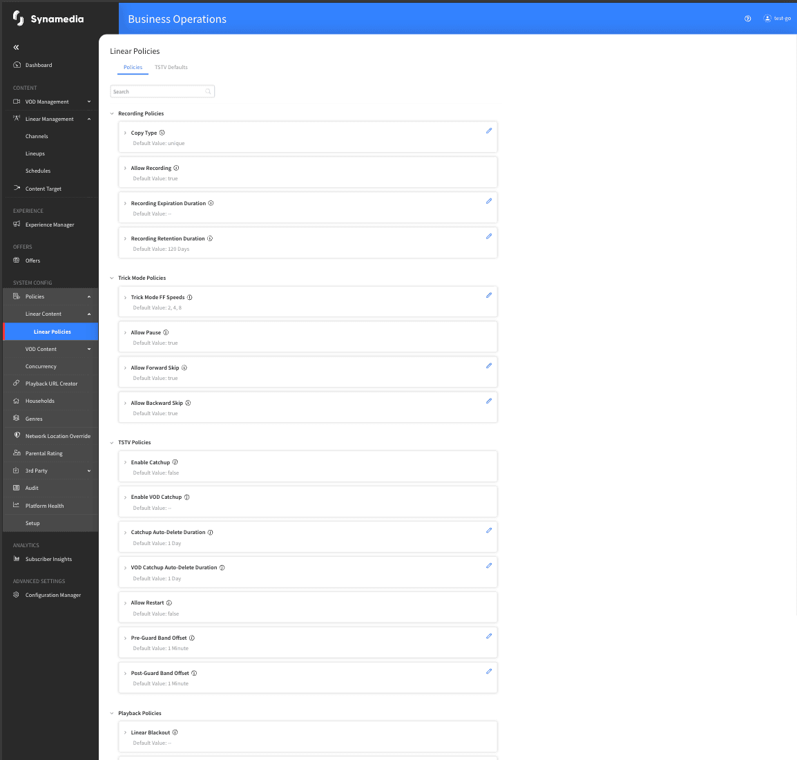 Linear Policies Main Screen