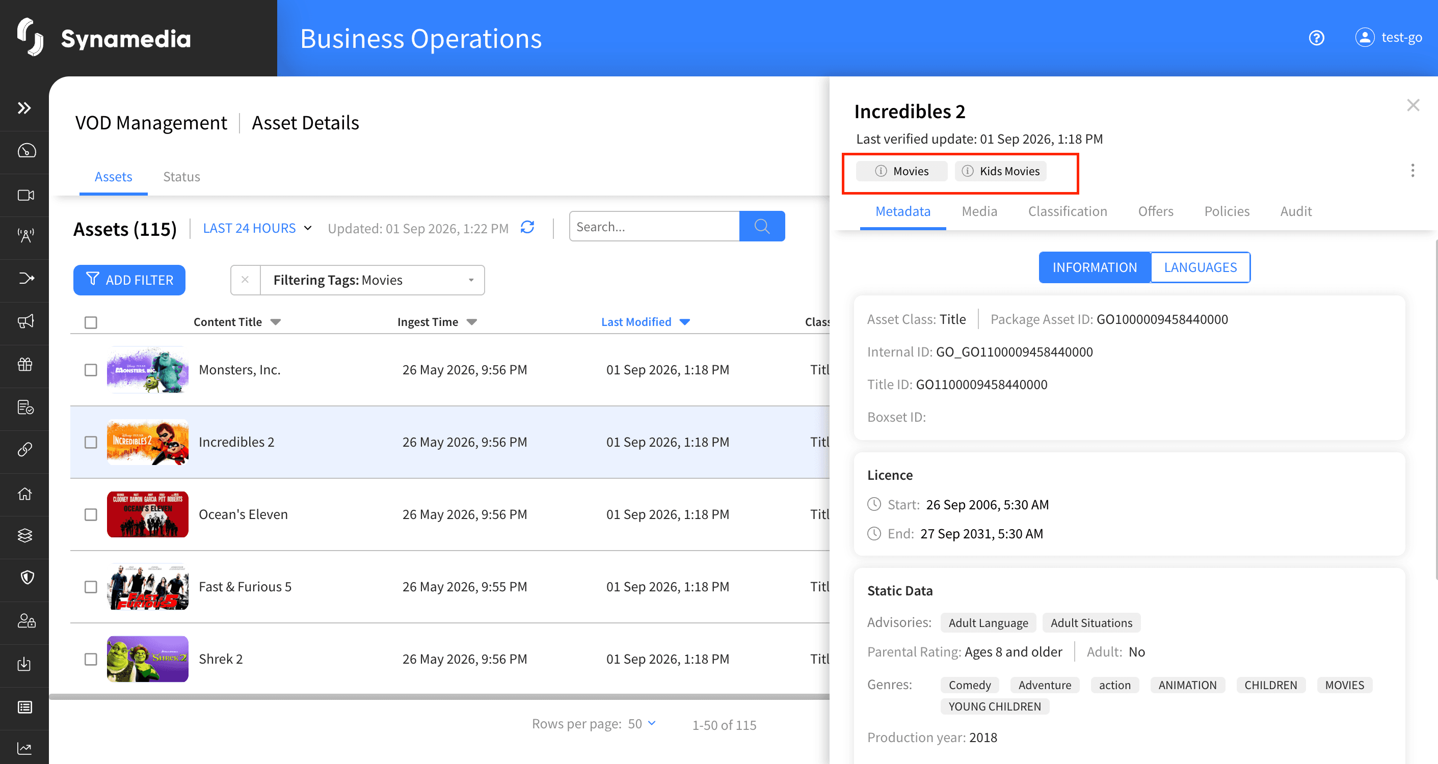 VOD Management Filtering Tags Asset Metadata