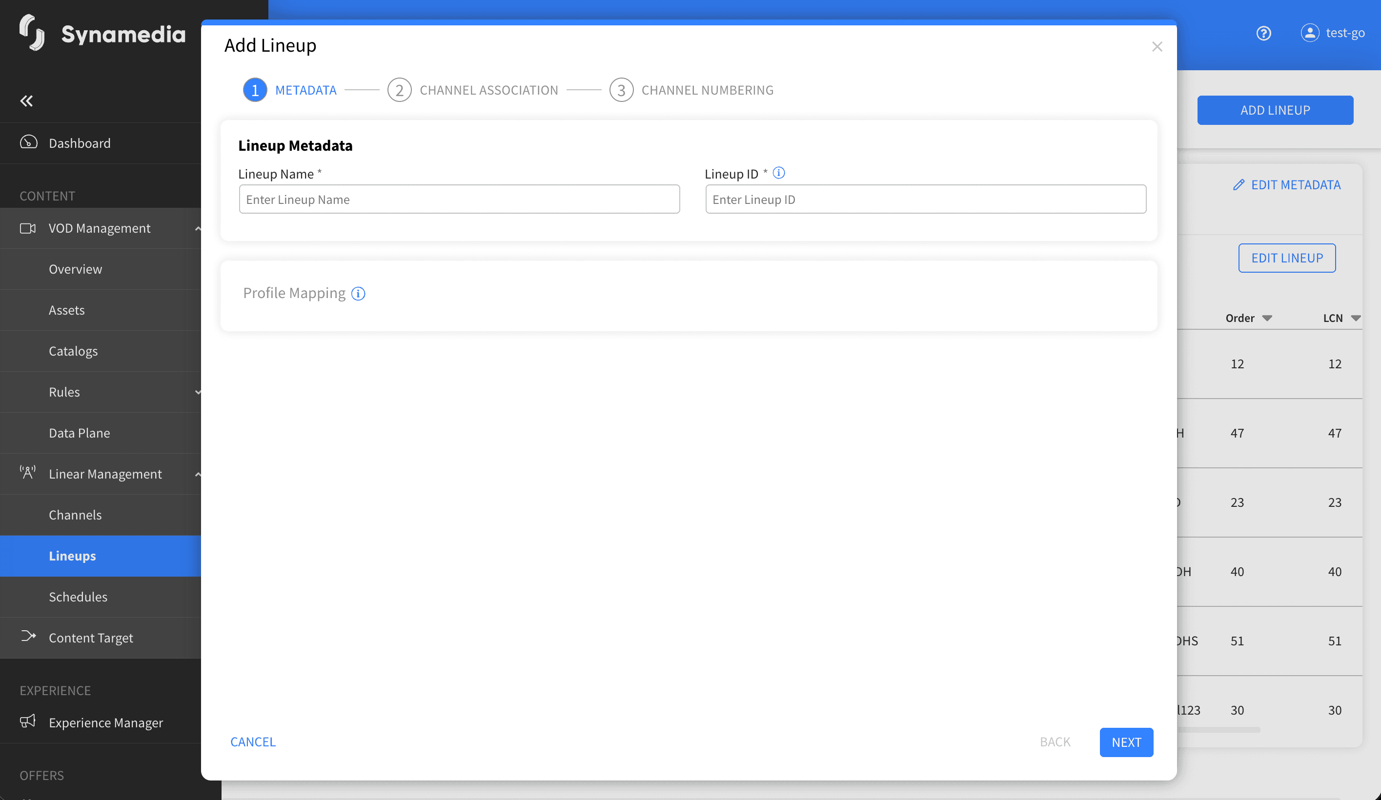 Linear Management Lineups screen 1