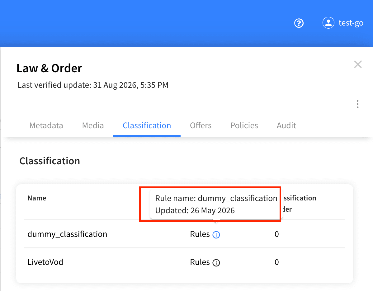 VOD Management Classification Binding Rule Tooltip