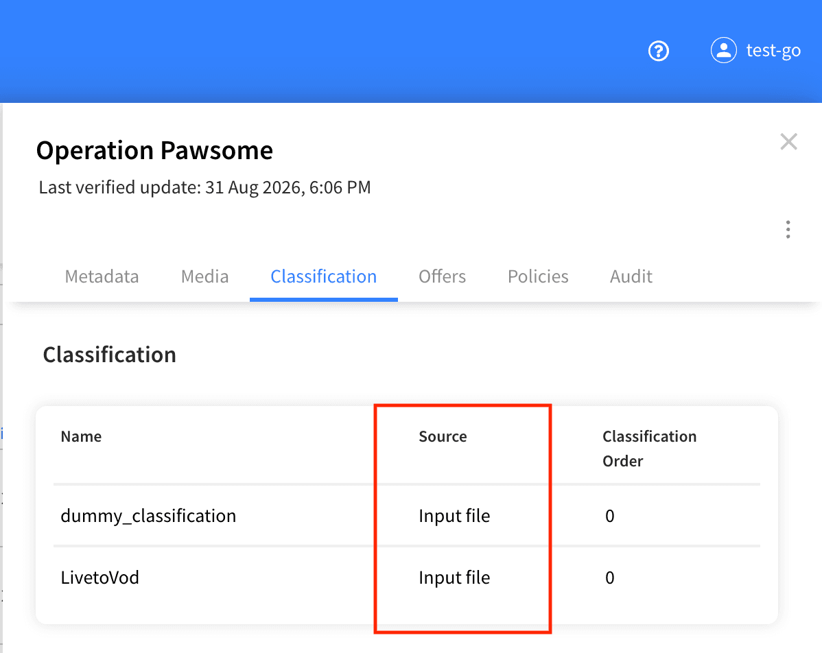 VOD Management Classification Binding Input File